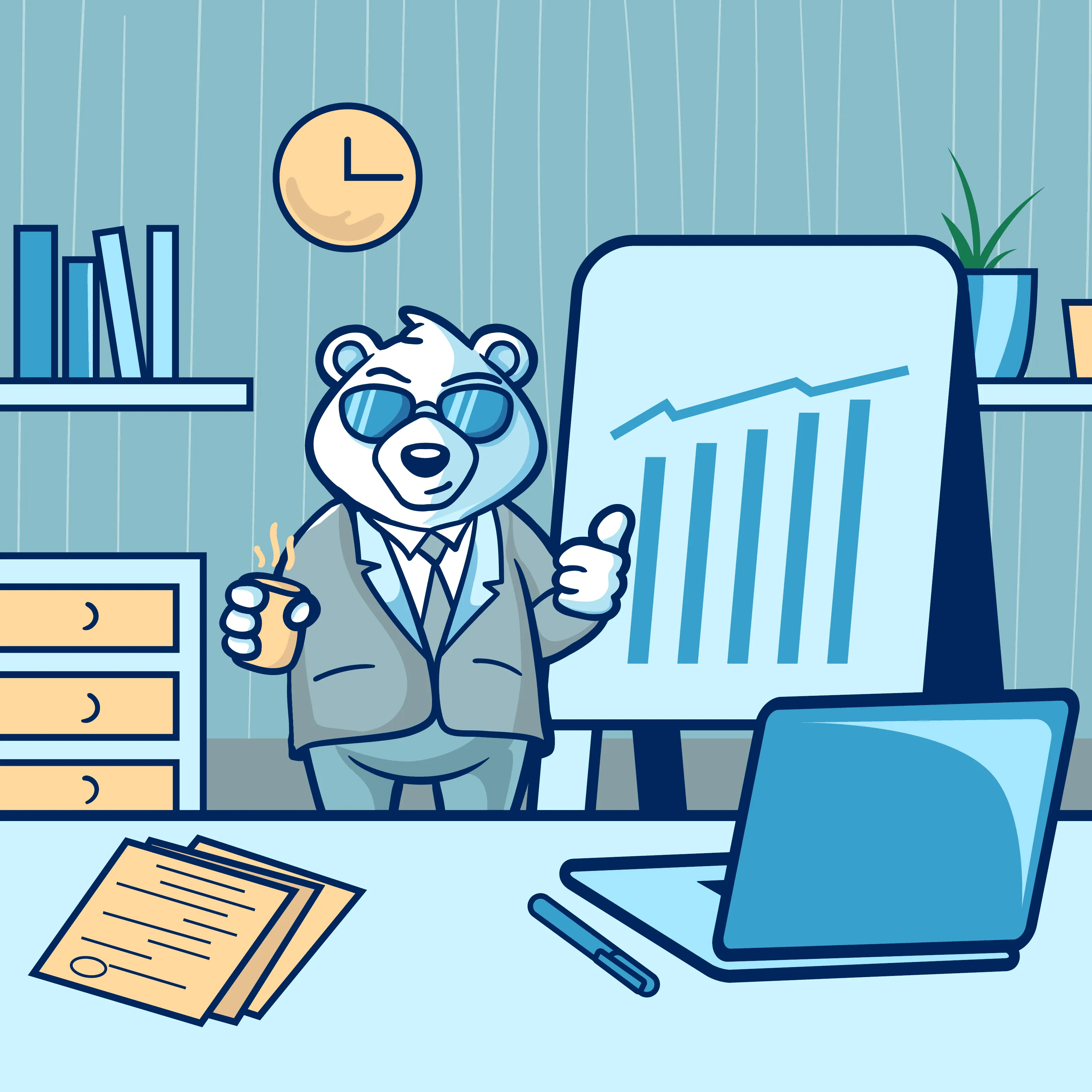 Cartoon bear in a suit and sunglasses with a coffee, next to a growth chart