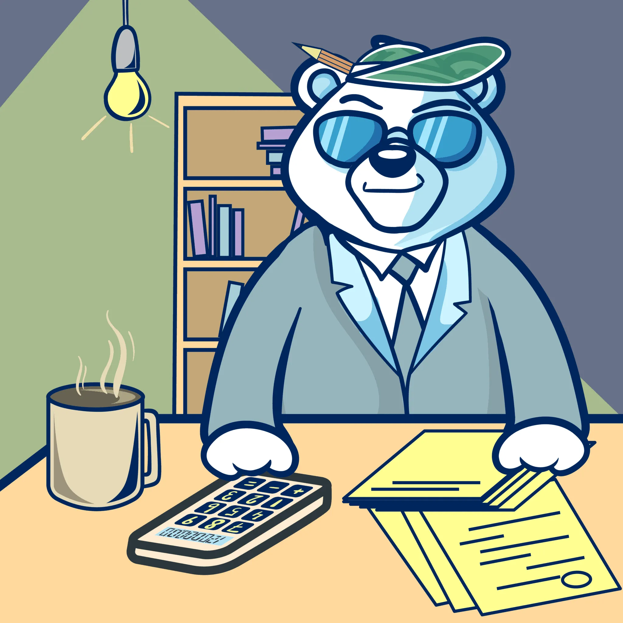 Cartoon bear at a desk with a calculator