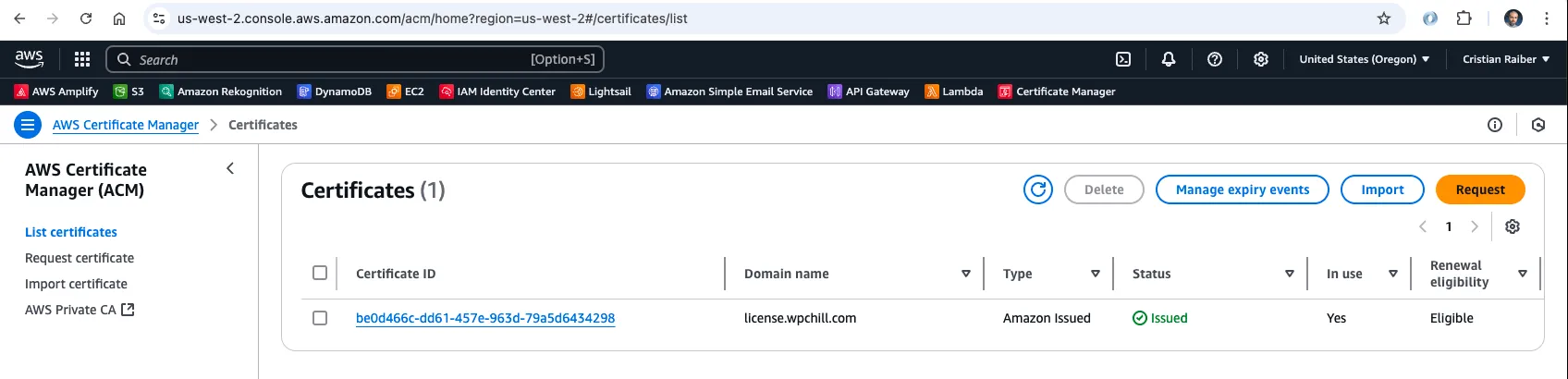 AWS Certificate Manager with the issued certificate for license.wpchill.com
